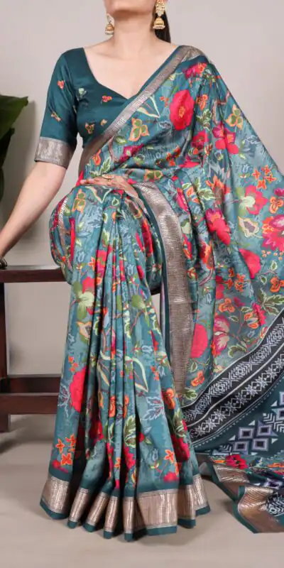 Rama Blue Tushar Silk With Viscose Border Printed Saree | Sarees, Bollywood Sarees, Creative Sarees, Designer Sarees, Embroidered Sarees, Ethnic Saree, Modern Digital sarees, Party Wear Sarees