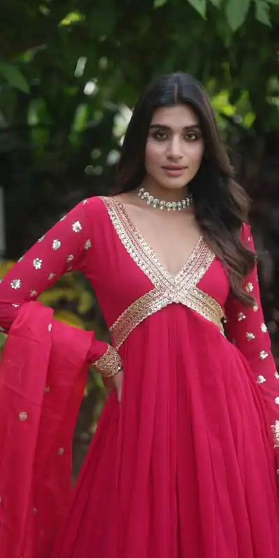 Rani Pink Faux Blooming Zari Embroidery Work Gown | Gowns, Bollywood Gowns, Creative Gowns, Designer Gowns, Embroidered Gowns, Party Wear Gowns
