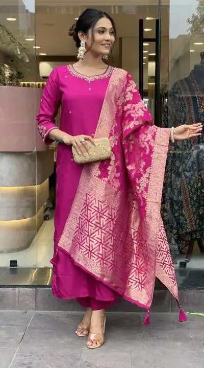 Rani Pink Roman Silk Coding Work Salwar Suit | Jump Suits, Salwar suit, Casual Suits, Creative suits, Designer Suits, Palazzo Suits, Party Wear Suits, Patiala Suits, Straight Suits