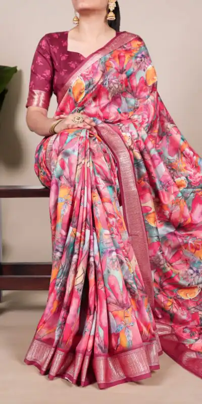 Rani Pink Tushar Silk With Viscose Border Printed Saree | Sarees, Bollywood Sarees, Creative Sarees, Designer Sarees, Embroidered Sarees, Ethnic Saree, Modern Digital sarees, Party Wear Sarees