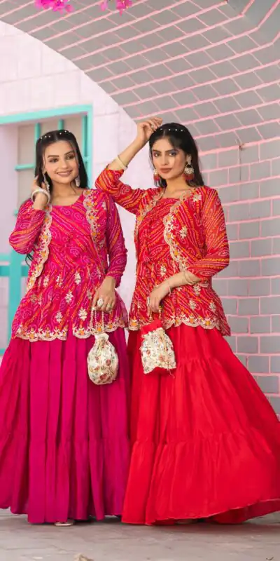 Red Bandhej Embroidery Thread Work Lehenga Crop Top & Jacket | Lehenga, Bollywood Lehenga, Creative Lehenga, Designer Lehenga, Embroidered Lehenga, Party Wear Lehenga