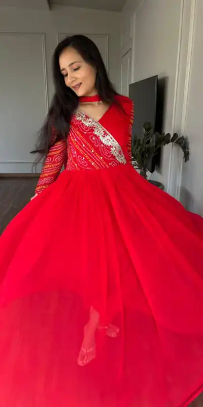 Red Bandhej Fox Georgette Sequence Embroidery Work Anarkali Gown | Gowns, Bollywood Gowns, Creative Gowns, Designer Gowns, Embroidered Gowns, Party Wear Gowns, Straight Suits