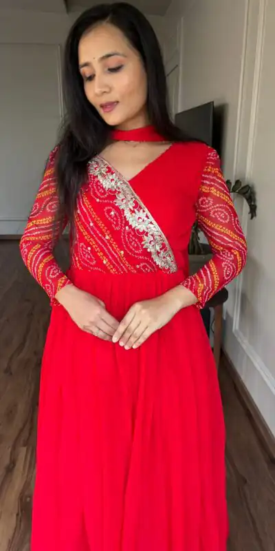 Red Bandhej Fox Georgette Sequence Embroidery Work Anarkali Gown | Gowns, Bollywood Gowns, Creative Gowns, Designer Gowns, Embroidered Gowns, Party Wear Gowns, Straight Suits