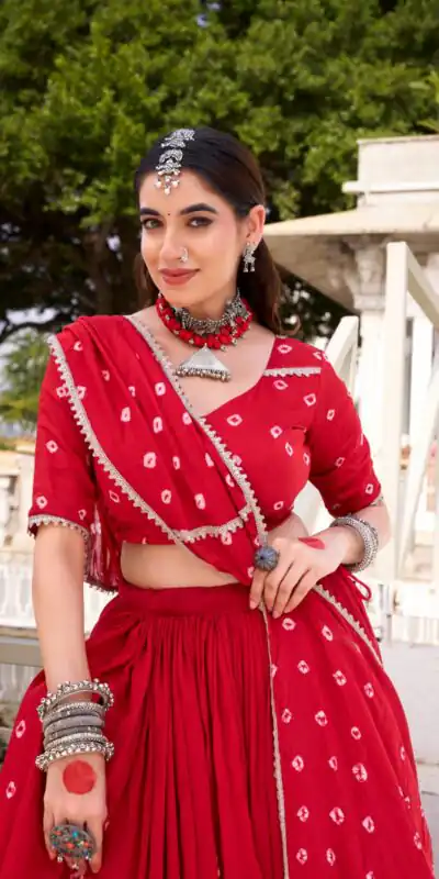 Red Chanderi Bandhej Lehenga Choli | Lehenga, Bollywood Lehenga, Creative Lehenga, Designer Lehenga, Embroidered Lehenga, Party Wear Lehenga
