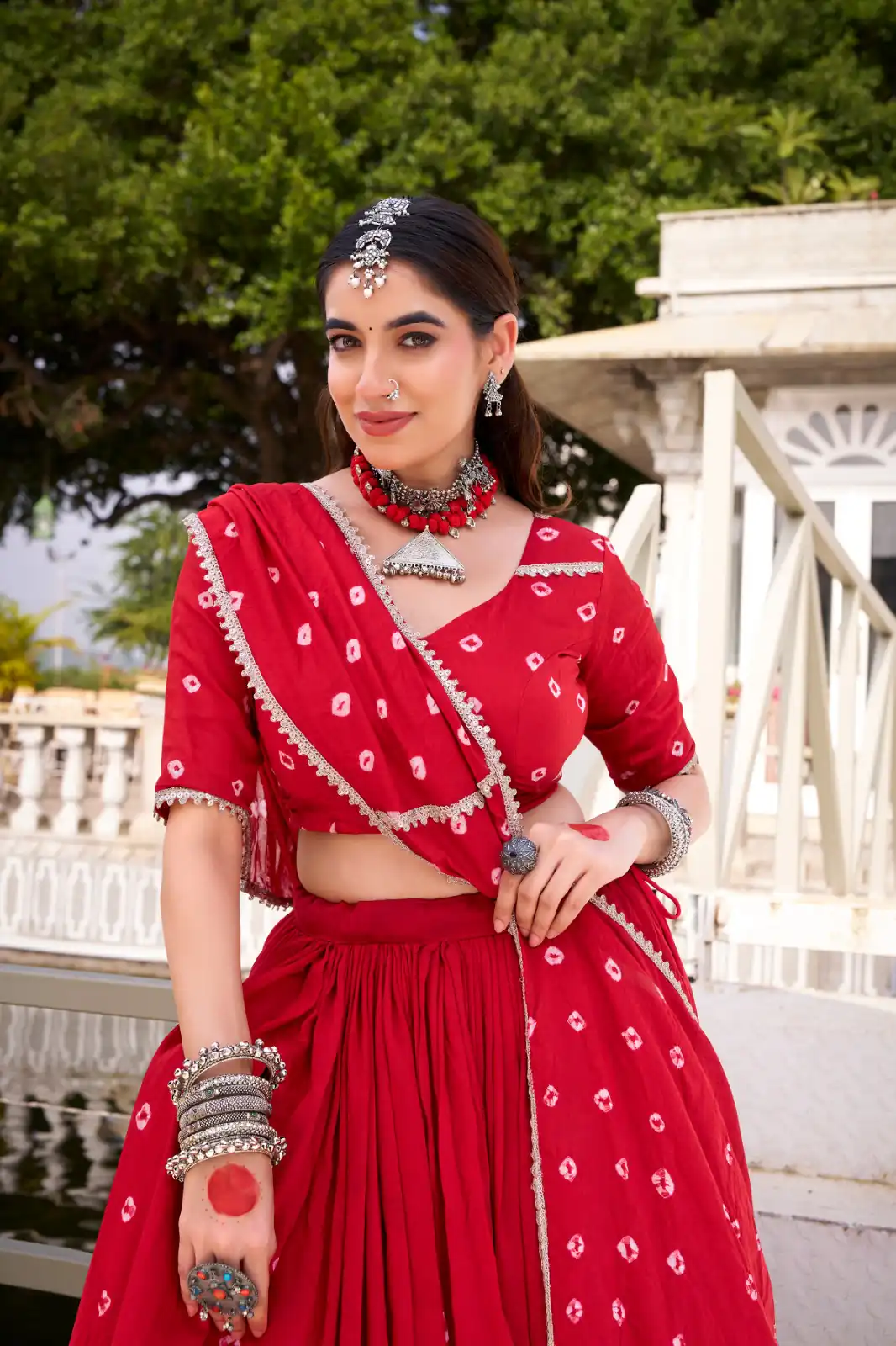 Red Chanderi Bandhej Lehenga Choli | Lehenga, Bollywood Lehenga, Creative Lehenga, Designer Lehenga, Embroidered Lehenga, Party Wear Lehenga
