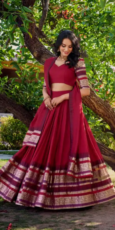 Red Chanderi Plain Lehenga Choli | Lehenga, Bollywood Lehenga, Creative Lehenga, Designer Lehenga, Embroidered Lehenga, Party Wear Lehenga