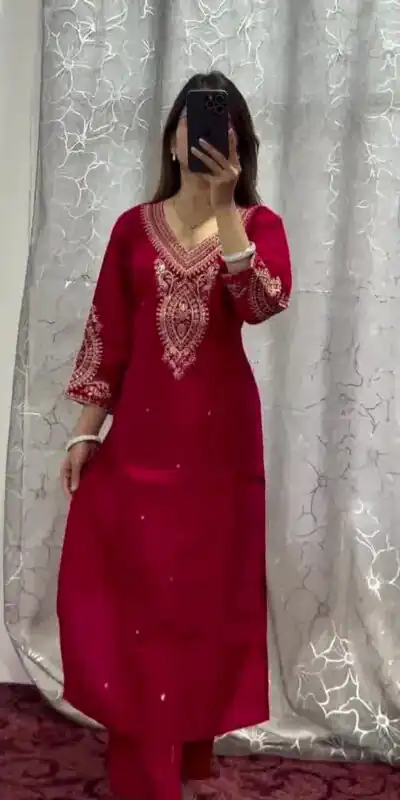 Red Chinon Embroidery Coding Work Salwar Suit | Jump Suits, Salwar suit, Casual Suits, Creative suits, Designer Suits, Palazzo Suits, Party Wear Suits, Patiala Suits, Straight Suits
