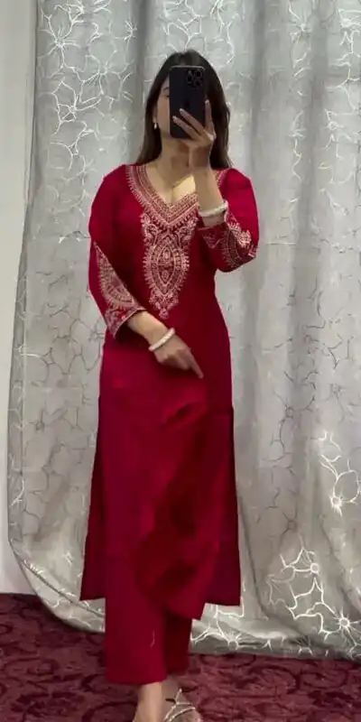Red Chinon Embroidery Coding Work Salwar Suit | Jump Suits, Salwar suit, Casual Suits, Creative suits, Designer Suits, Palazzo Suits, Party Wear Suits, Patiala Suits, Straight Suits