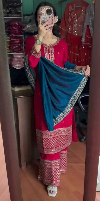 Red Chinon Lace Embroidery Work Salwar Suit | Jump Suits, Tops & Bottoms, Track Suits, Salwar suit, Casual Suits, Creative suits, Designer Suits, Palazzo Suits, Party Wear Suits, Patiala Suits, Straight Suits, Trendy Wear