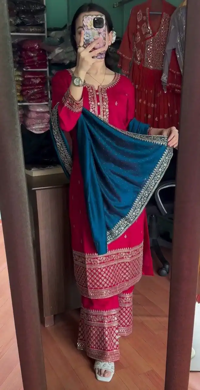Red Chinon Lace Embroidery Work Salwar Suit | Jump Suits, Tops & Bottoms, Track Suits, Salwar suit, Casual Suits, Creative suits, Designer Suits, Palazzo Suits, Party Wear Suits, Patiala Suits, Straight Suits, Trendy Wear