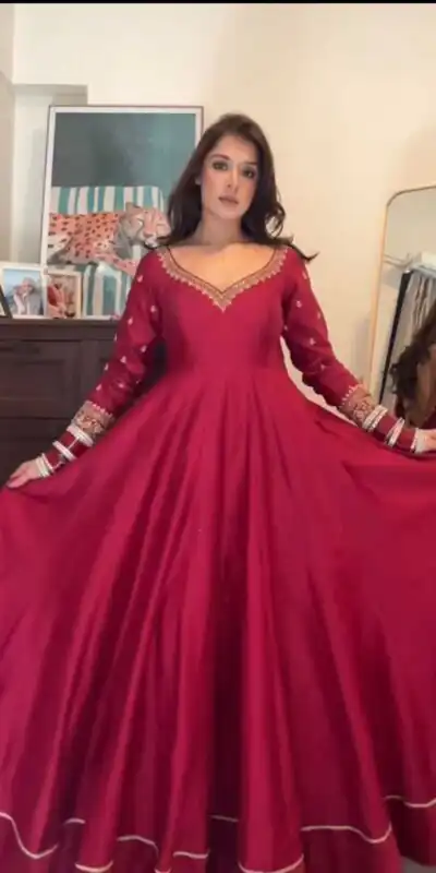 Red Chinon Silk Lace Work Digital Print Gown | Gowns, Bollywood Gowns, Creative Gowns, Designer Gowns, Embroidered Gowns, Party Wear Gowns