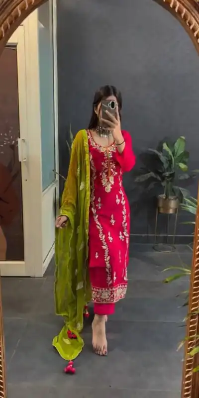 Red Chinon Silk Sequence Work Salwar Suit | Jump Suits, Salwar suit, Casual Suits, Creative suits, Designer Suits, Palazzo Suits, Party Wear Suits, Patiala Suits, Straight Suits
