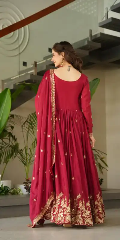Red Chinon Zari Embroidery Work Gown | Gowns, Bollywood Gowns, Creative Gowns, Designer Gowns, Embroidered Gowns, Party Wear Gowns