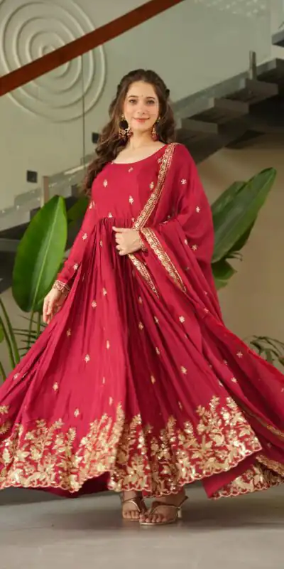 Red Chinon Zari Embroidery Work Gown | Gowns, Bollywood Gowns, Creative Gowns, Designer Gowns, Embroidered Gowns, Party Wear Gowns