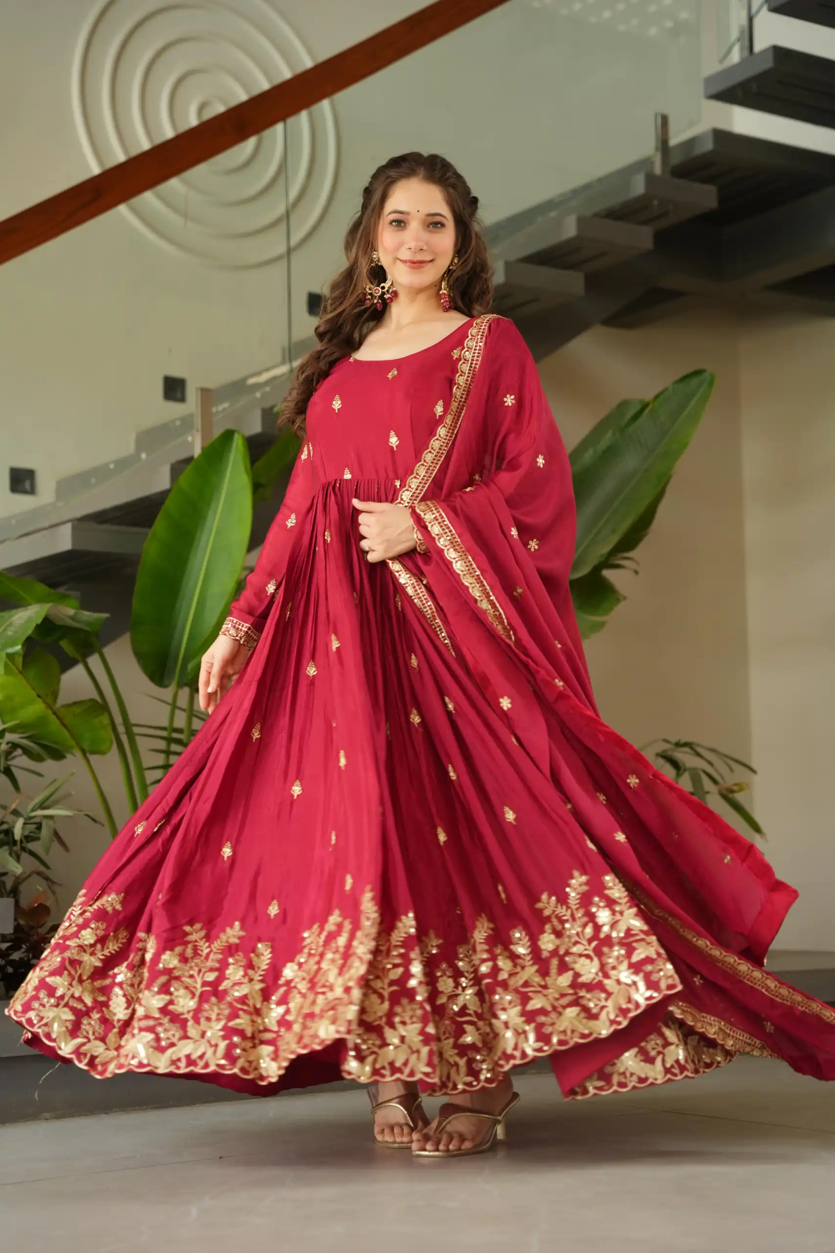 Red Chinon Zari Embroidery Work Gown | Gowns, Bollywood Gowns, Creative Gowns, Designer Gowns, Embroidered Gowns, Party Wear Gowns