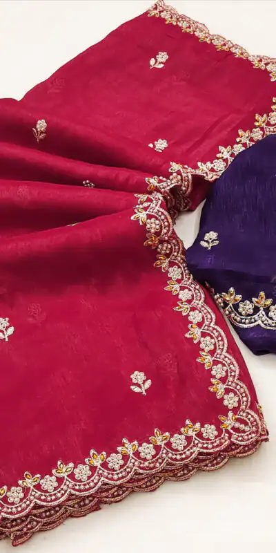 Red Crunchy Chiffon Embroidery Work Saree | Sarees, Bollywood Sarees, Creative Sarees, Designer Sarees, Embroidered Sarees, Ethnic Saree, Modern Digital sarees, Party Wear Sarees
