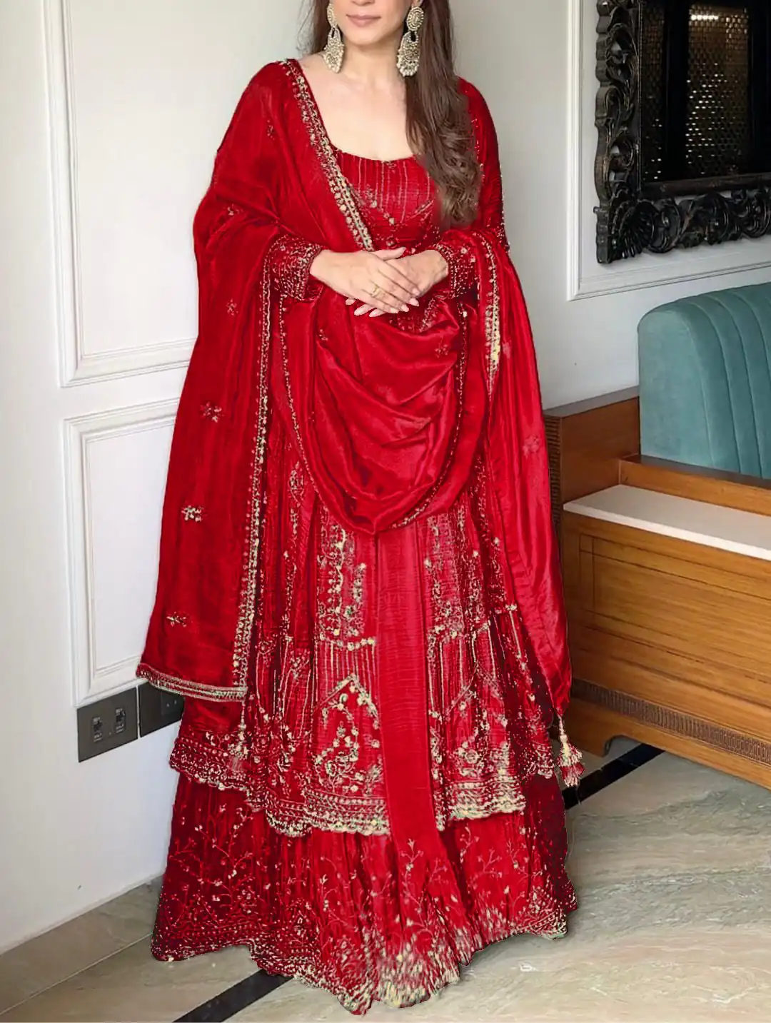 Red Crunchy Silk Lace Embroidery Work Gown | Gowns, Bollywood Gowns, Creative Gowns, Designer Gowns, Embroidered Gowns, Party Wear Gowns