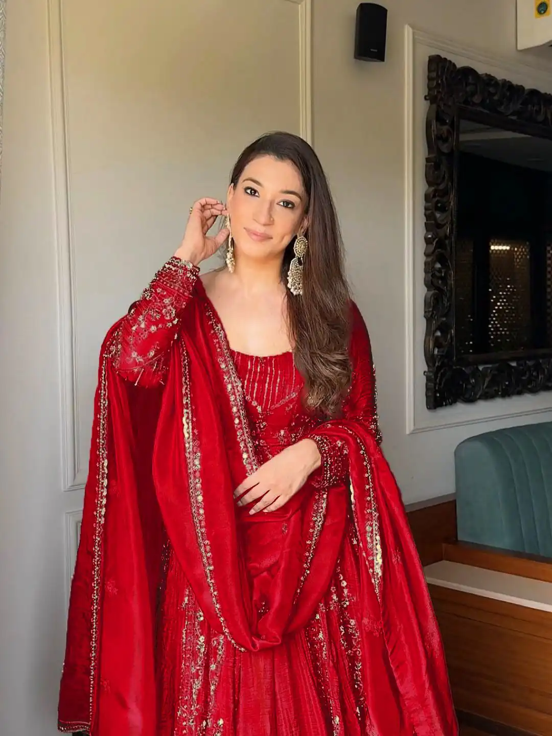 Red Crunchy Silk Lace Embroidery Work Gown | Gowns, Bollywood Gowns, Creative Gowns, Designer Gowns, Embroidered Gowns, Party Wear Gowns