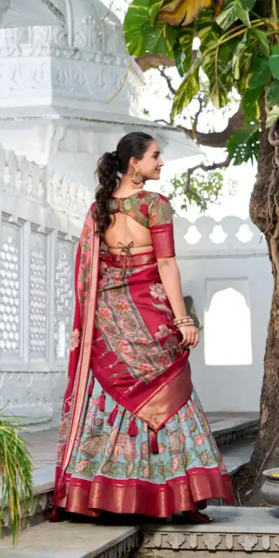 Red Dola Silk Print Zari Border Lehenga Choli | Lehenga, Bollywood Lehenga, Creative Lehenga, Designer Lehenga, Embroidered Lehenga, Party Wear Lehenga