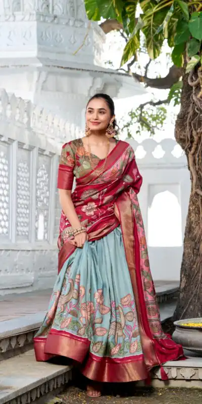 Red Dola Silk Print Zari Border Lehenga Choli | Lehenga, Bollywood Lehenga, Creative Lehenga, Designer Lehenga, Embroidered Lehenga, Party Wear Lehenga