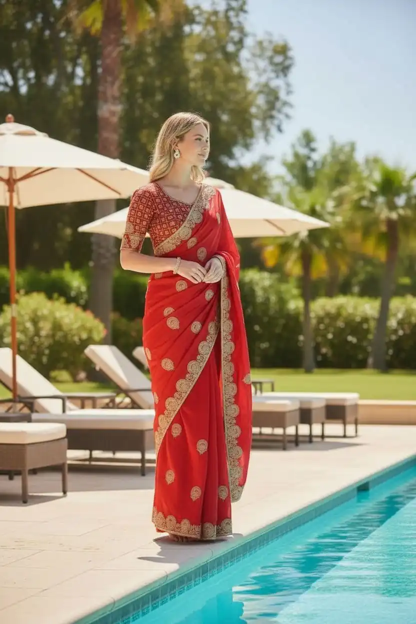 Red Fandy Satin Silk Embroidery Zari Work Saree | Sarees, Bollywood Sarees, Creative Sarees, Designer Sarees, Embroidered Sarees, Ethnic Saree, Modern Digital sarees, Party Wear Sarees