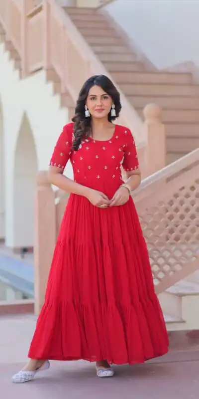 Red Faux Blooming Embroidery Bead Work Gown | Gowns, Bollywood Gowns, Creative Gowns, Designer Gowns, Embroidered Gowns, Party Wear Gowns