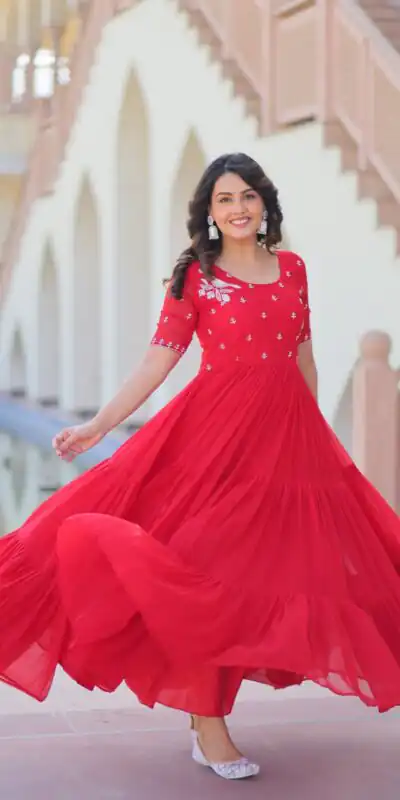 Red Faux Blooming Embroidery Bead Work Gown | Gowns, Bollywood Gowns, Creative Gowns, Designer Gowns, Embroidered Gowns, Party Wear Gowns