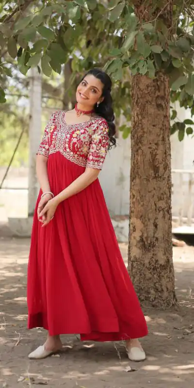 Red Faux Blooming Embroidery Zari Work Gown | Gowns, Bollywood Gowns, Creative Gowns, Designer Gowns, Embroidered Gowns, Party Wear Gowns
