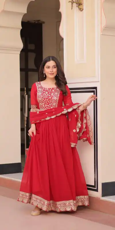 Red Faux Blooming Embroidery Zari Work Gown | Gowns, Bollywood Gowns, Creative Gowns, Designer Gowns, Embroidered Gowns, Party Wear Gowns
