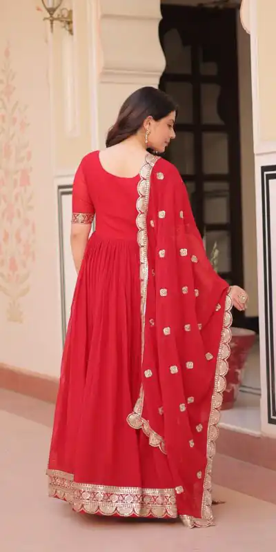 Red Faux Blooming Embroidery Zari Work Gown | Gowns, Bollywood Gowns, Creative Gowns, Designer Gowns, Embroidered Gowns, Party Wear Gowns