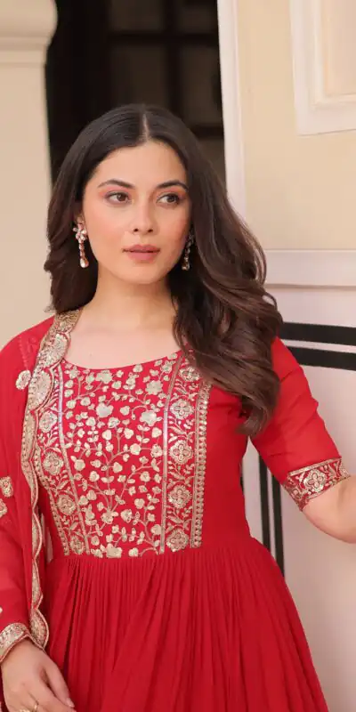 Red Faux Blooming Embroidery Zari Work Gown | Gowns, Bollywood Gowns, Creative Gowns, Designer Gowns, Embroidered Gowns, Party Wear Gowns