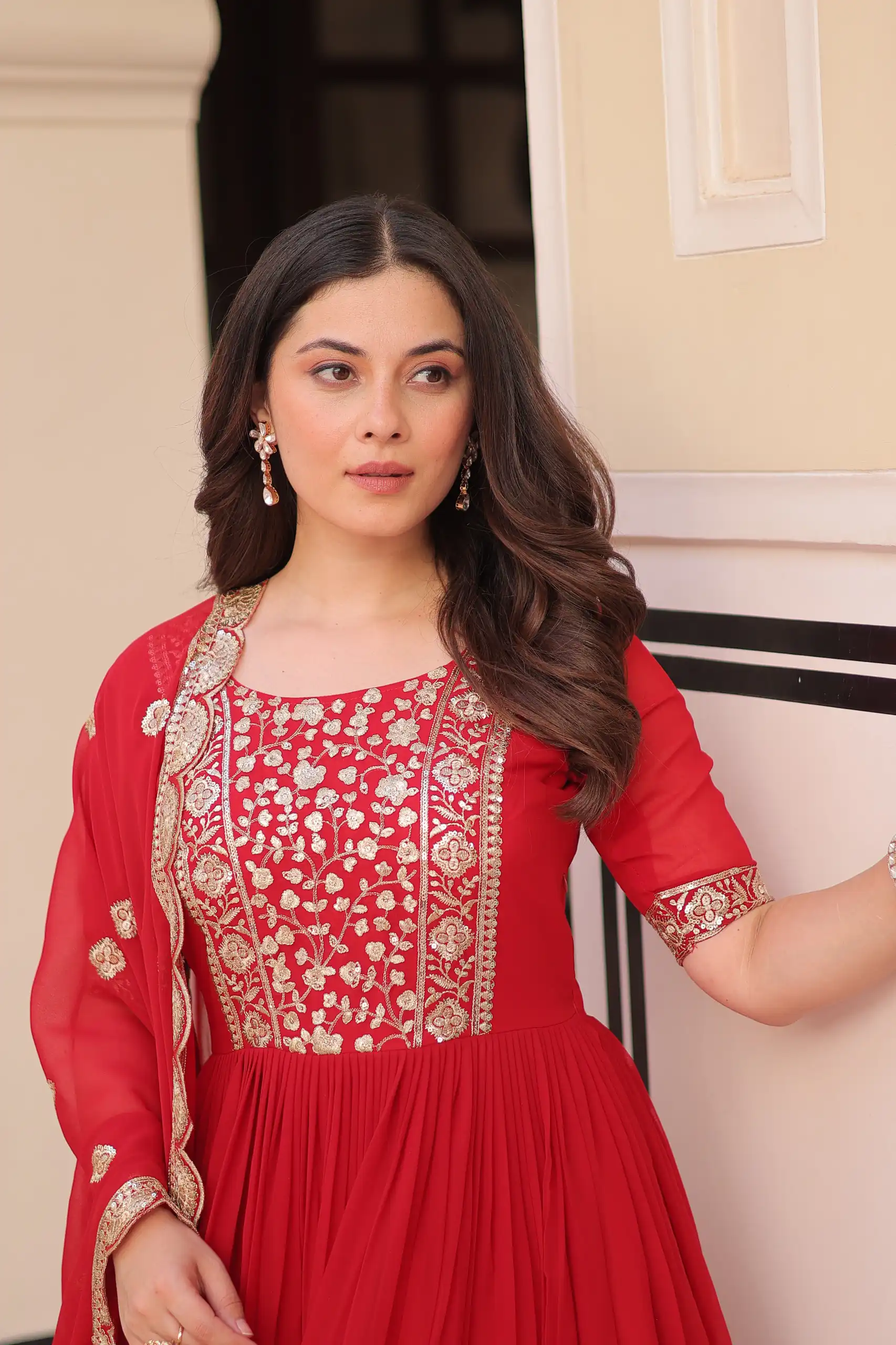 Red Faux Blooming Embroidery Zari Work Gown | Gowns, Bollywood Gowns, Creative Gowns, Designer Gowns, Embroidered Gowns, Party Wear Gowns