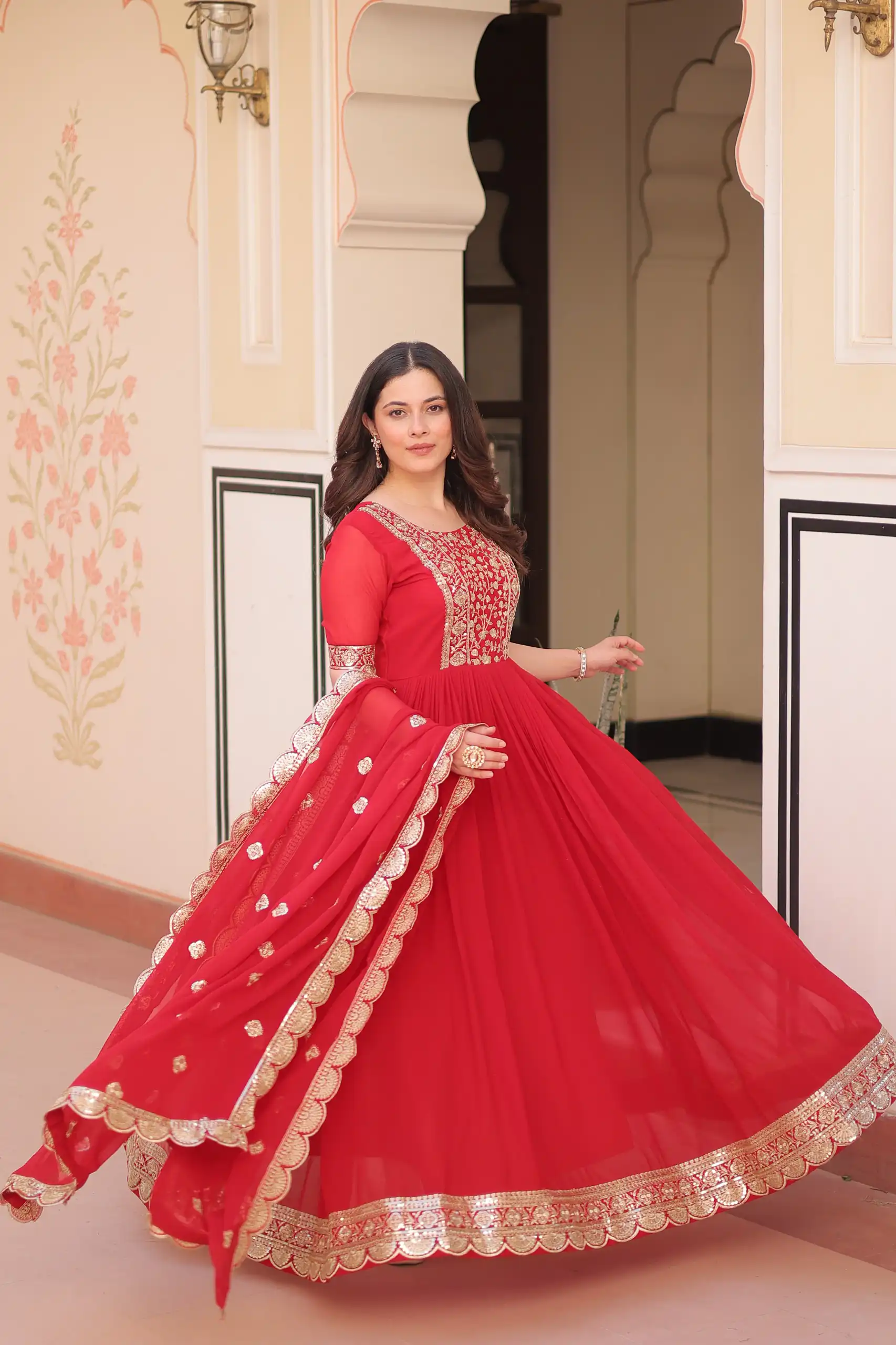 Red Faux Blooming Embroidery Zari Work Gown | Gowns, Bollywood Gowns, Creative Gowns, Designer Gowns, Embroidered Gowns, Party Wear Gowns