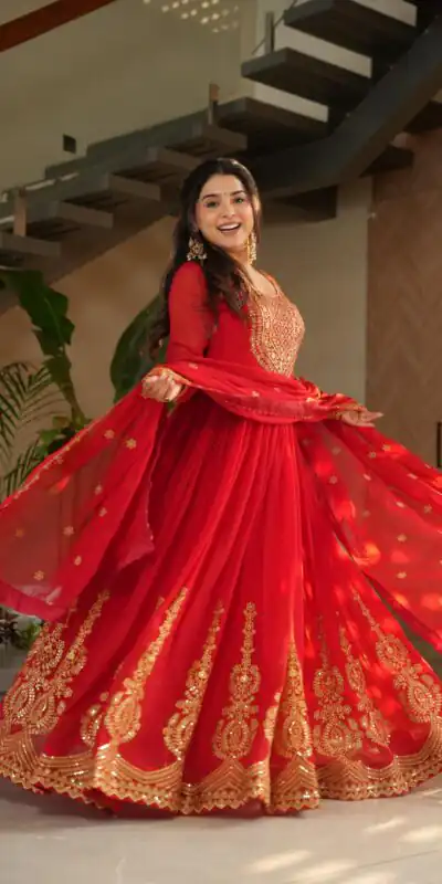 Red Faux Blooming Sequins Zari Gown | Gowns, Bollywood Gowns, Creative Gowns, Designer Gowns, Embroidered Gowns, Party Wear Gowns