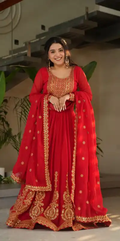 Red Faux Blooming Sequins Zari Gown | Gowns, Bollywood Gowns, Creative Gowns, Designer Gowns, Embroidered Gowns, Party Wear Gowns