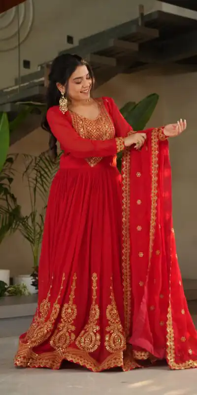 Red Faux Blooming Sequins Zari Gown | Gowns, Bollywood Gowns, Creative Gowns, Designer Gowns, Embroidered Gowns, Party Wear Gowns