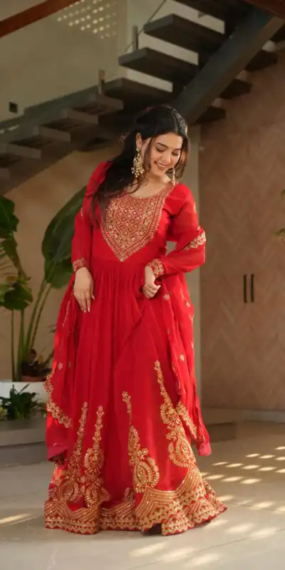 Red Faux Blooming Sequins Zari Gown | Gowns, Bollywood Gowns, Creative Gowns, Designer Gowns, Embroidered Gowns, Party Wear Gowns
