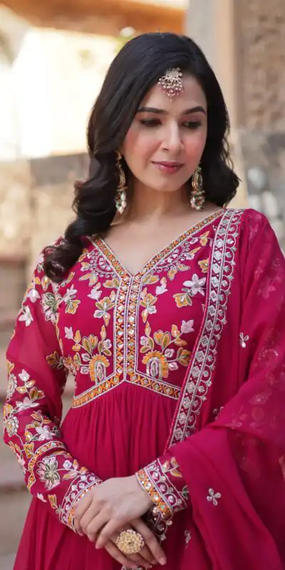 Red Faux Blooming Sequins Zari Work Gown | Gowns, Bollywood Gowns, Creative Gowns, Designer Gowns, Embroidered Gowns, Party Wear Gowns