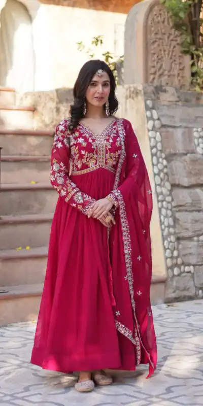 Red Faux Blooming Sequins Zari Work Gown | Gowns, Bollywood Gowns, Creative Gowns, Designer Gowns, Embroidered Gowns, Party Wear Gowns