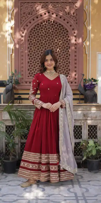 Red Faux Blooming Zari Embroidery Work Gown | Gowns, Bollywood Gowns, Creative Gowns, Designer Gowns, Embroidered Gowns, Party Wear Gowns