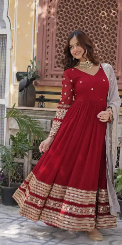 Red Faux Blooming Zari Embroidery Work Gown | Gowns, Bollywood Gowns, Creative Gowns, Designer Gowns, Embroidered Gowns, Party Wear Gowns