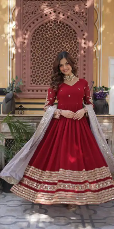 Red Faux Blooming Zari Embroidery Work Gown | Gowns, Bollywood Gowns, Creative Gowns, Designer Gowns, Embroidered Gowns, Party Wear Gowns