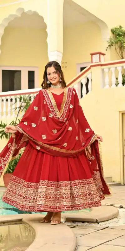 Red Faux Blooming Zari Sequins Work Gown | Gowns, Bollywood Gowns, Creative Gowns, Designer Gowns, Embroidered Gowns, Party Wear Gowns