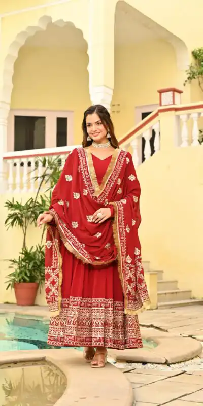 Red Faux Blooming Zari Sequins Work Gown | Gowns, Bollywood Gowns, Creative Gowns, Designer Gowns, Embroidered Gowns, Party Wear Gowns