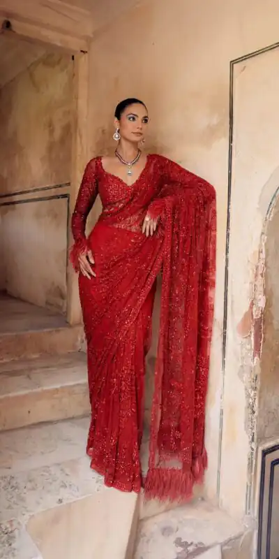 Red Faux Butterfly Net Sequence Saree | Sarees, Bollywood Sarees, Creative Sarees, Designer Sarees, Embroidered Sarees, Ethnic Saree, Modern Digital sarees, Party Wear Sarees