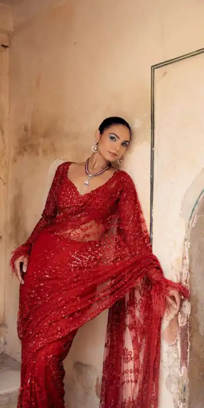 Red Faux Butterfly Net Sequence Saree | Sarees, Bollywood Sarees, Creative Sarees, Designer Sarees, Embroidered Sarees, Ethnic Saree, Modern Digital sarees, Party Wear Sarees