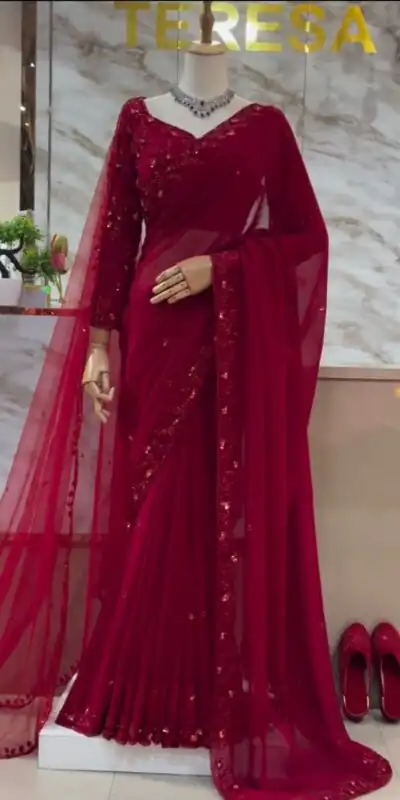 Red Faux Georgette Embroidery Work Saree | Sarees, Bollywood Sarees, Creative Sarees, Designer Sarees, Embroidered Sarees, Ethnic Saree, Modern Digital sarees, Party Wear Sarees