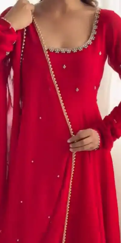Red Faux Georgette Lace Work Gown | Gowns, Bollywood Gowns, Creative Gowns, Designer Gowns, Embroidered Gowns, Party Wear Gowns
