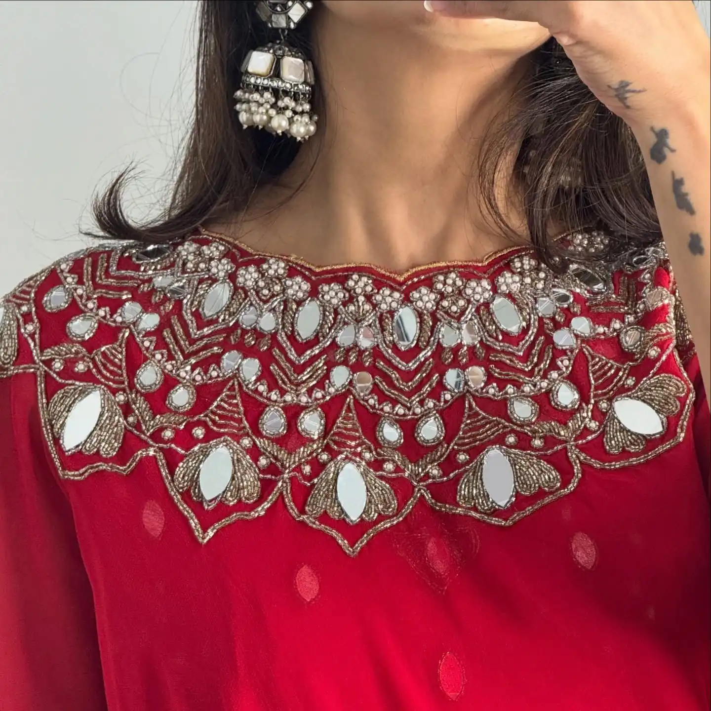 Red Faux Georgette Mirror Embroidery Work Saree | Sarees, Bollywood Sarees, Creative Sarees, Designer Sarees, Embroidered Sarees, Ethnic Saree, Modern Digital sarees, Party Wear Sarees