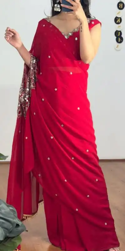 Red Faux Georgette Mirror Embroidery Work Saree | Sarees, Bollywood Sarees, Creative Sarees, Designer Sarees, Embroidered Sarees, Ethnic Saree, Modern Digital sarees, Party Wear Sarees